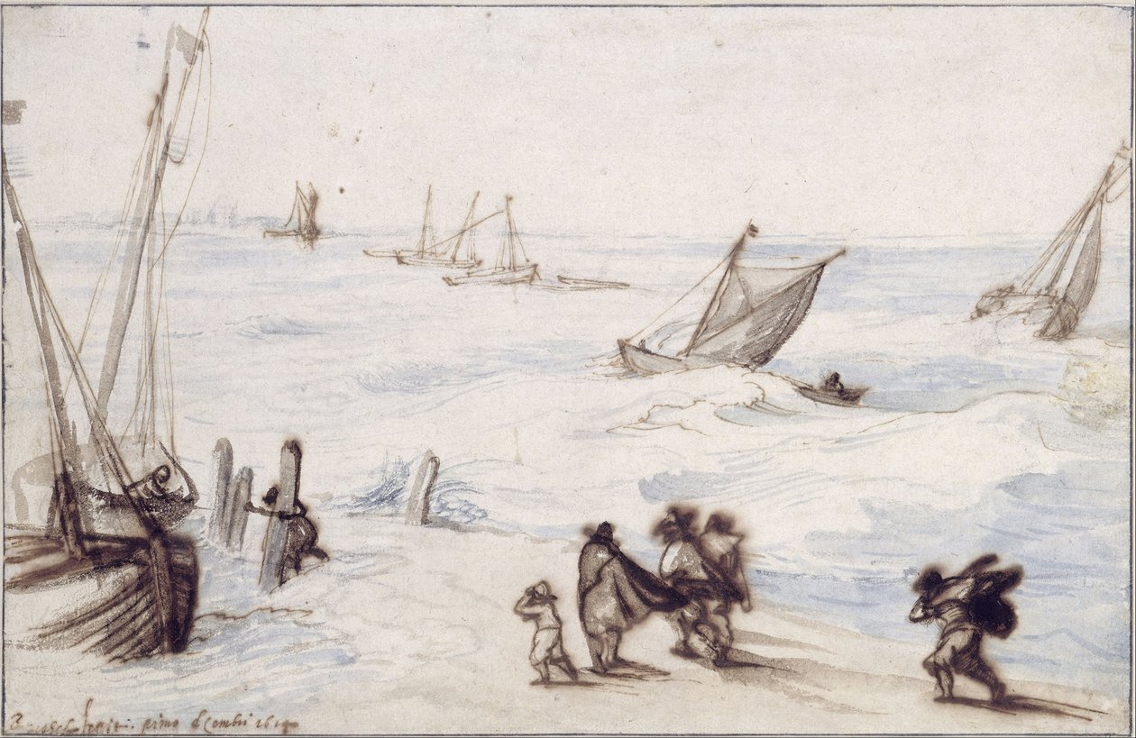 絵画 ヨット停泊 ヨットと嵐の海とビーチ